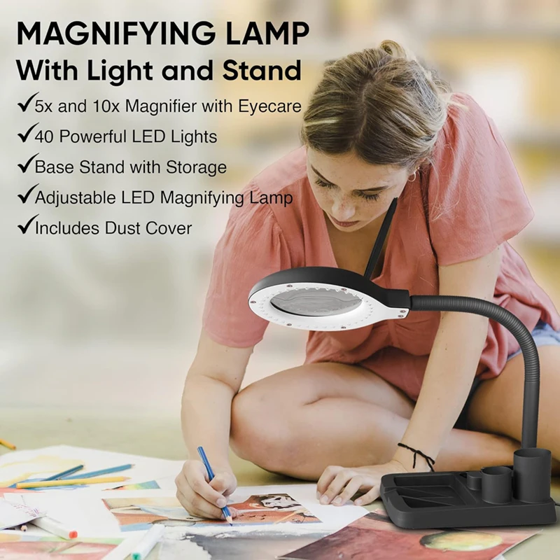 Imagem -06 - Lupa com Luz Led Iluminado Alta Visão Lupa Candeeiro de Mesa Leitura Fechar Trabalho 5x 10x 40