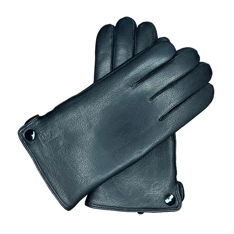 European, American and Russian Men's Winter Warm Goat Skin Thickened Fur Integrated Lining Imitation Deer Leather Gloves