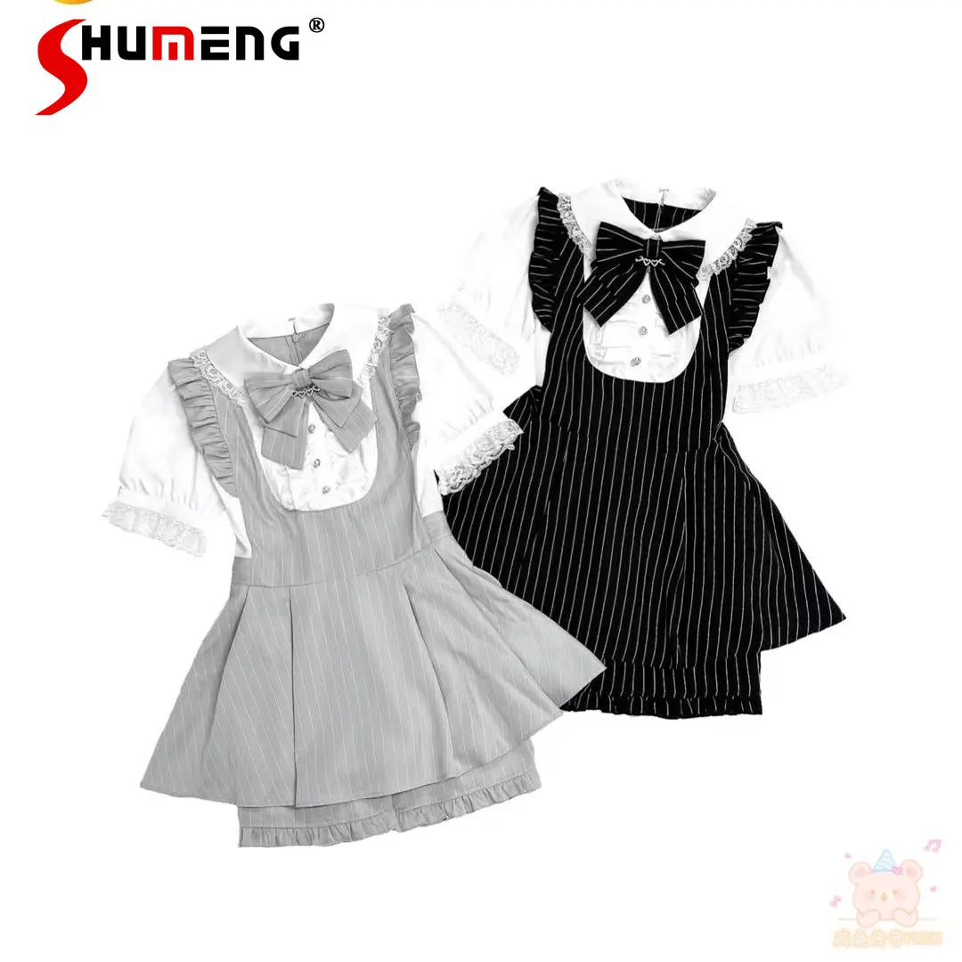

Japanese Mine Series Mass-produced Lace Splicing Doll Collar Bow Bubble Sleeve Heart Pendant Dress Shorts Two-piece Sets Women