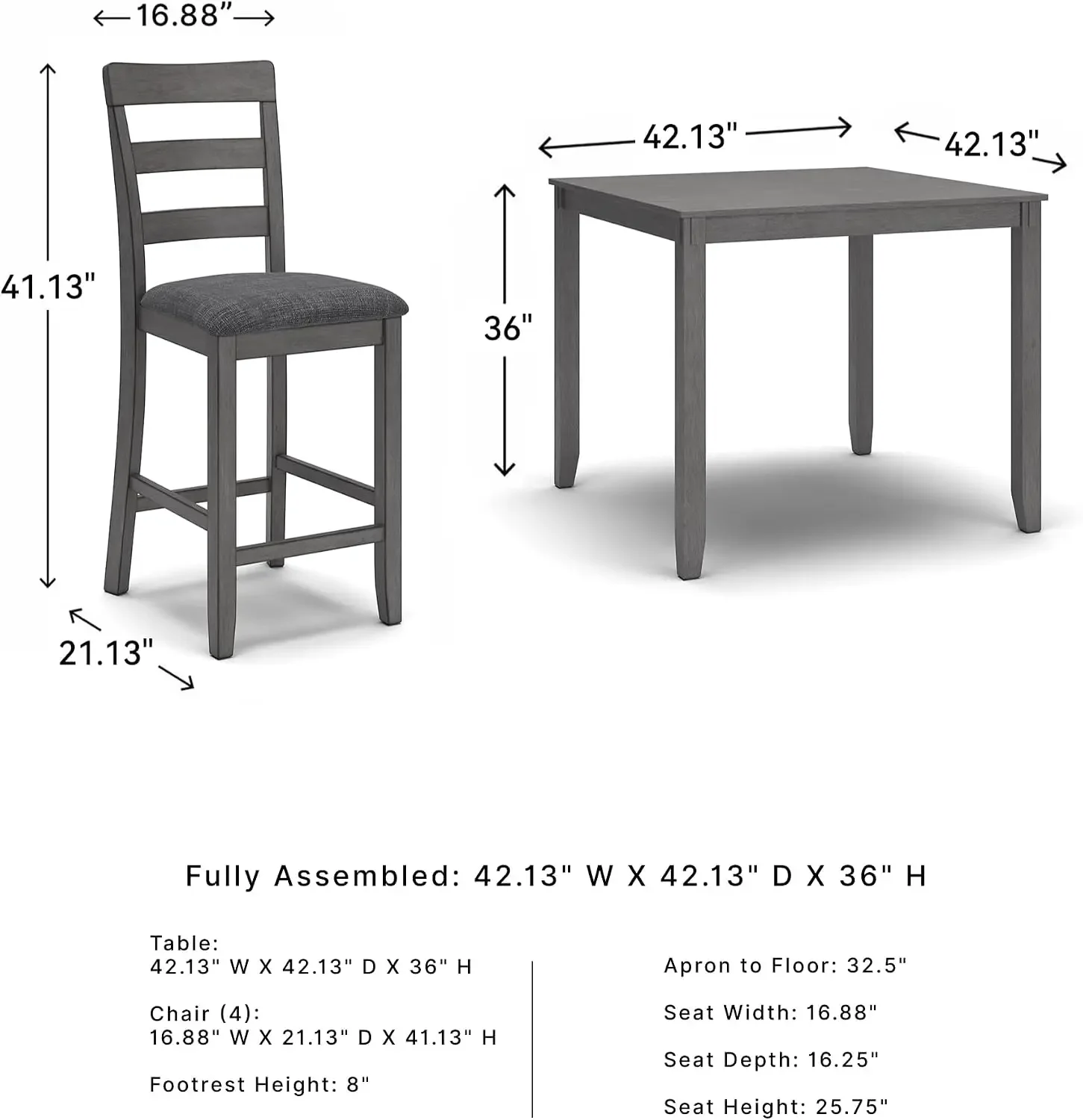5-Piece Square Counter Height Dining Set, Gray | Textured gray polyester fabric with wood, veneer and engineered wood, Small