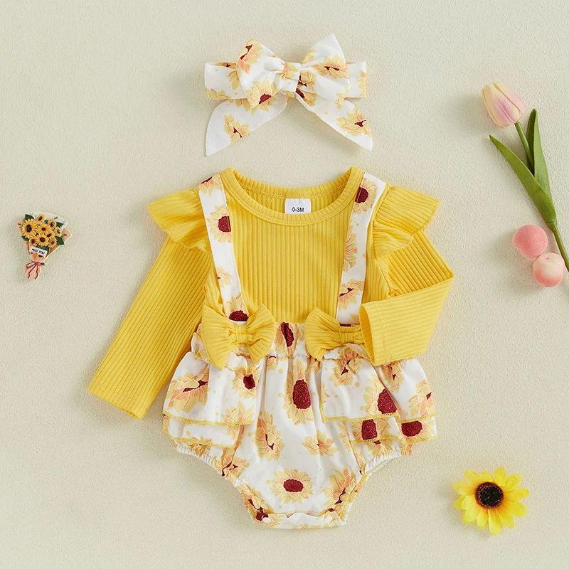 

Suefunskry Baby Girl 2Pcs Fall Bodysuit Outfits Long Sleeve Bow Front Ribbed Floral Patchwork Romper with Headband Set