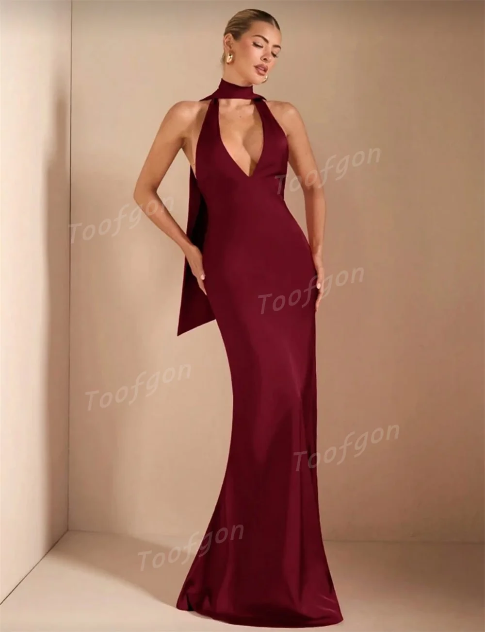 Toofgon بسيط عنابي طويل فساتين لحضور الحفلات الموسيقية مخصص حورية البحر فستان سهرة مفتوح الظهر مثير لينة الساتان فساتين الزفاف الخطوبة