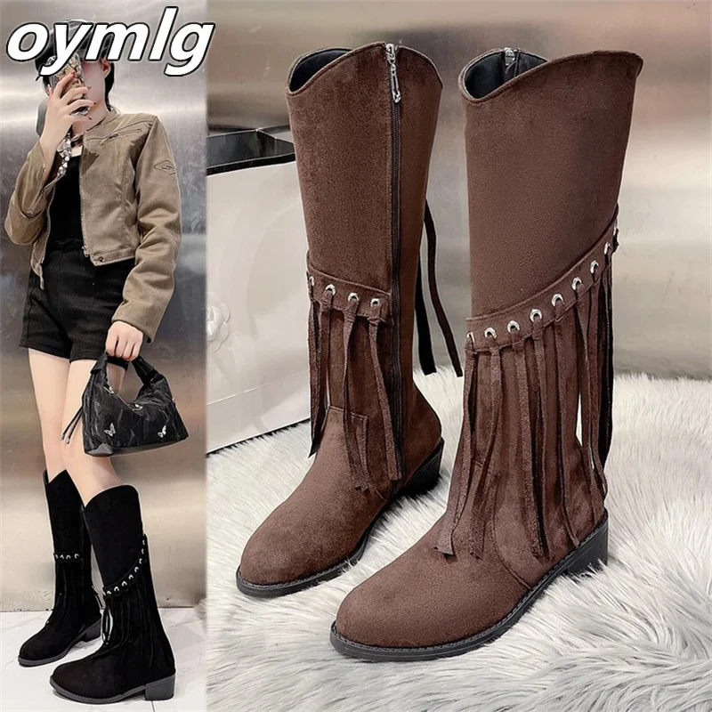 Coarse heeled round toe tassel fashion short boots for women 2024 new look slim, thick heeled denim midsole boots for women