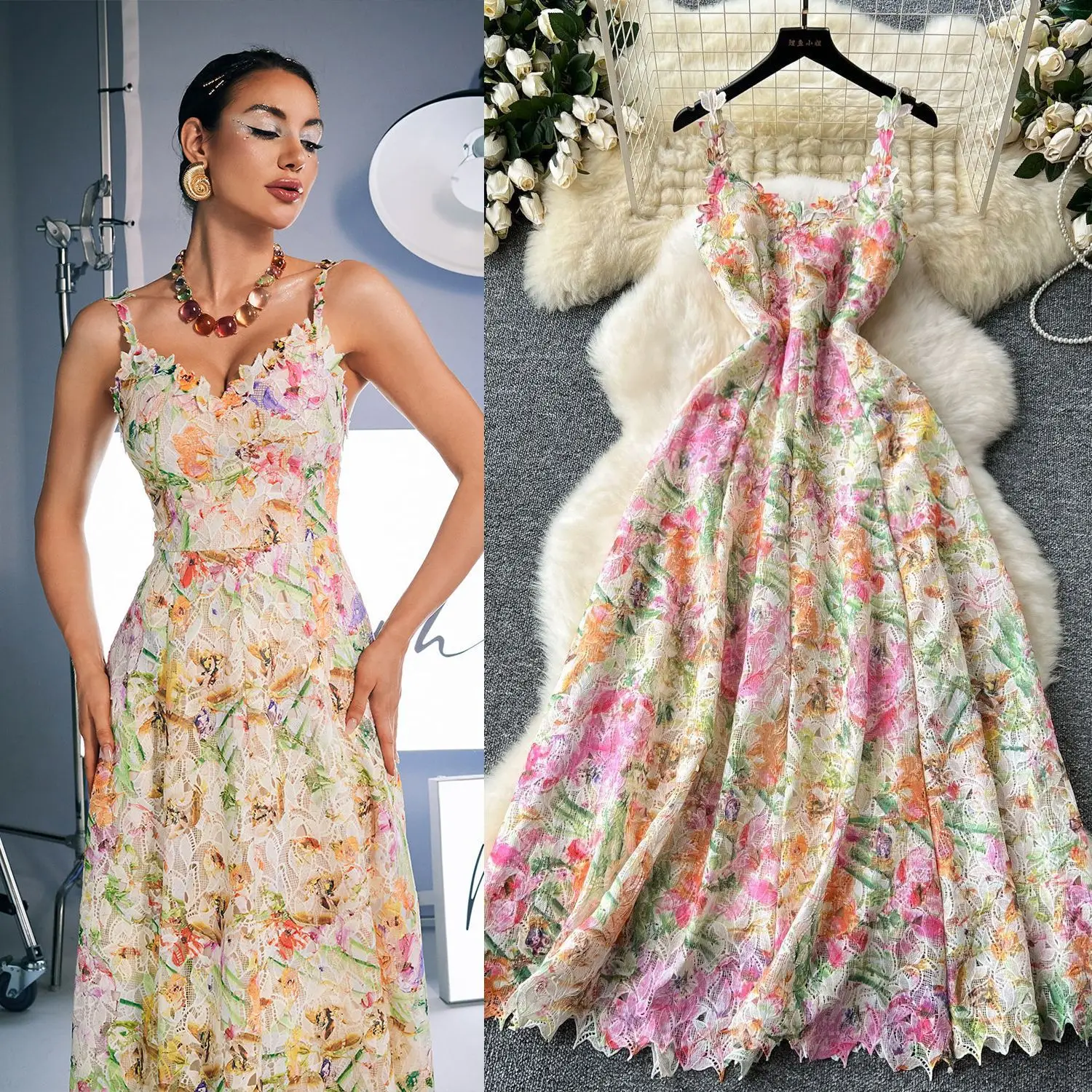 

Long Dress Women Sling Dresses Print Floral A Line Vestidos V Neck Sleeveless Elegant Splice Y2k Streetwear Party Night