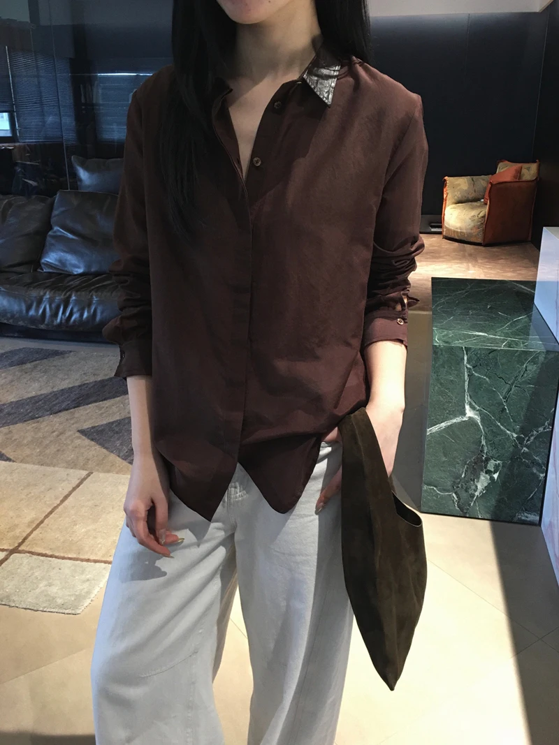 

Cuijia mat Long Sve Silk Cotton Blend irt with eepskin Collar Simple Design Women's Faion Spring Collection