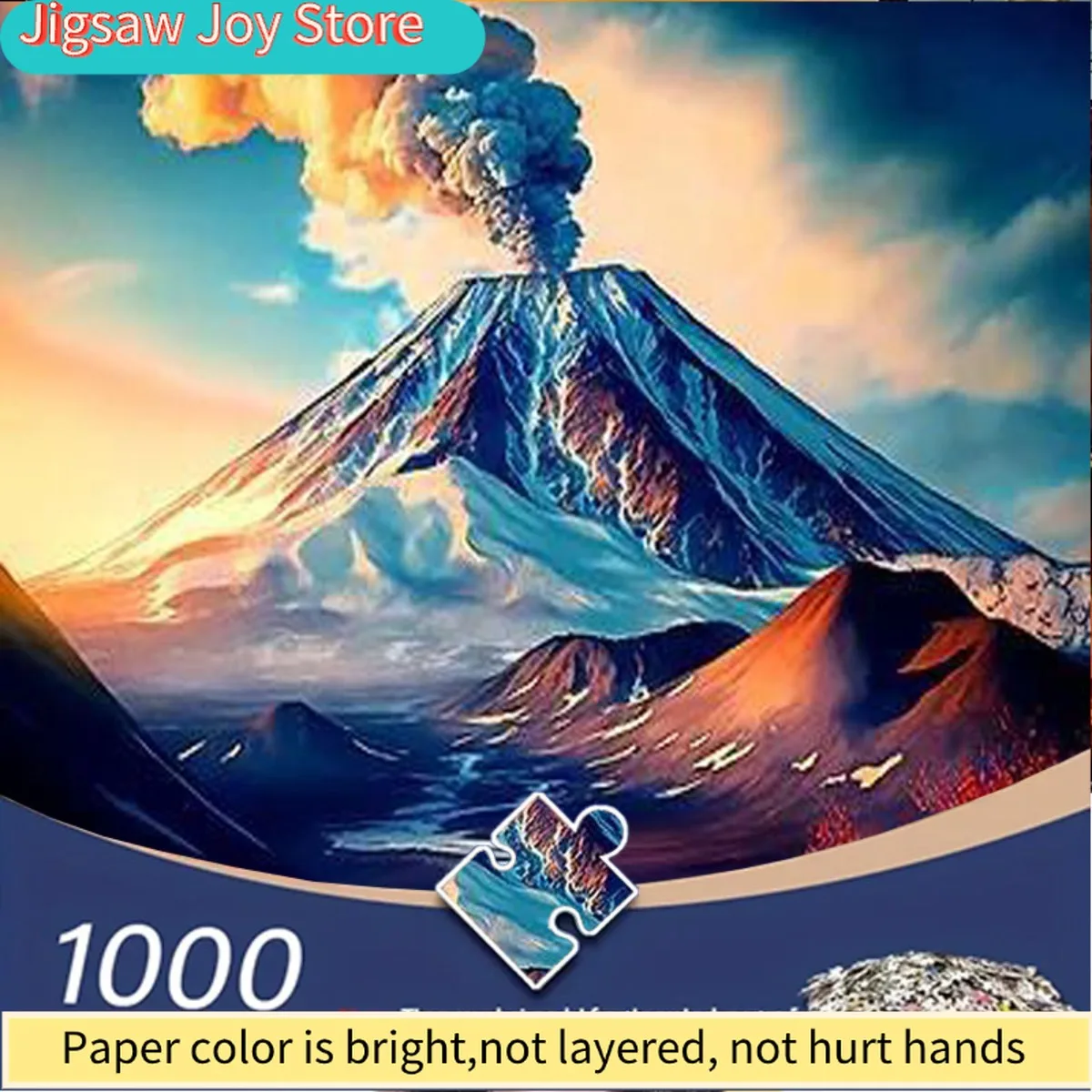 

Пазл из 1000 деталей для взрослых с изображением извержения вулкана с оранжево-красным дымом, заснеженными горами и закатом.