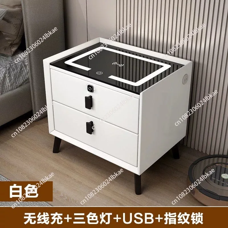 Smart MDF Nightstand with LED Light Wireless USB Charging Fingerprint Lock