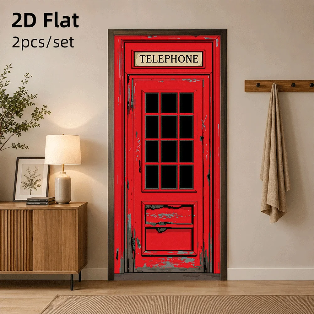 1 classic red British telephone booth door sticker, retro creative home decoration sticker, 2D flat