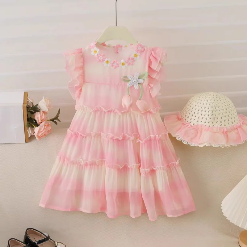 Girls' Summer Dress2026New stylish floral mesh princess dress with gradient chiffon for little girlsALine skirt