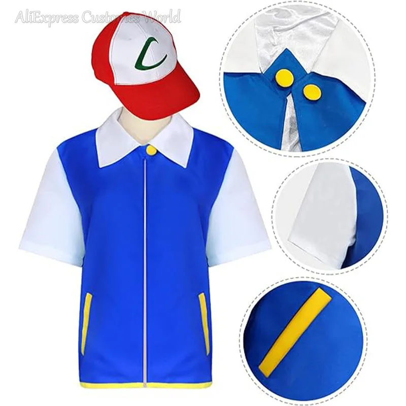 Ash Ketchum Clothes Anime Men Blue Jacket Po Ke Mon Cosplay Boys Girls Po Kemon Cosplay for Party Trainer Cap Gloves Set Costume