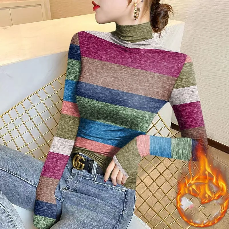 2023 Women\'s Half High Neck Thin Bottom Tops Spring Autumn New Fashion Striped Contrast Color Slim Long Sleeve Pullover T-shirt