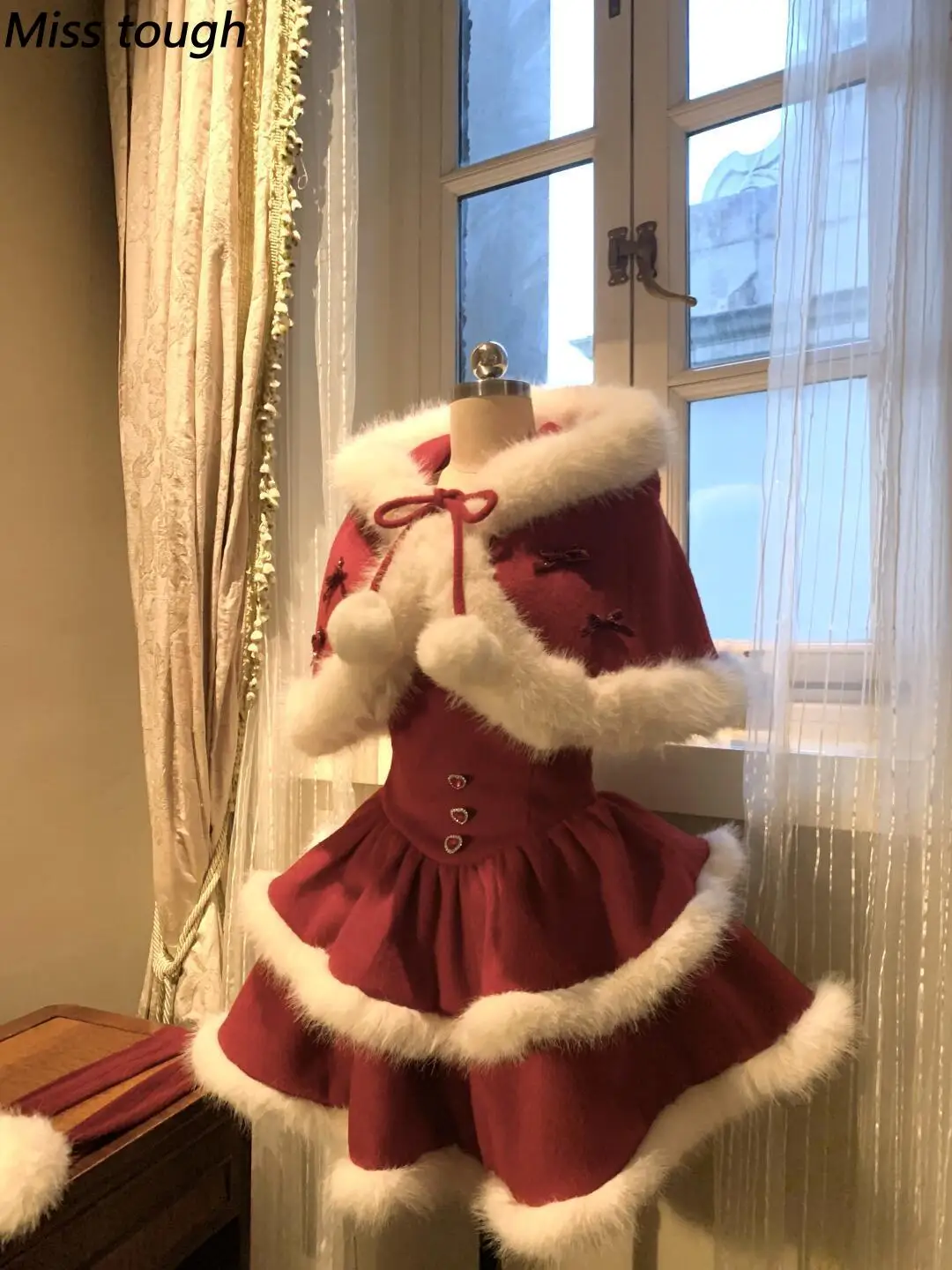 Merry Christmas Japanese Gothic Lolita Women 2 Pieces Set Fur Cloak Coat + Slim Fit Thicken Dress Harajuku Party Vintage Outfits - view 2