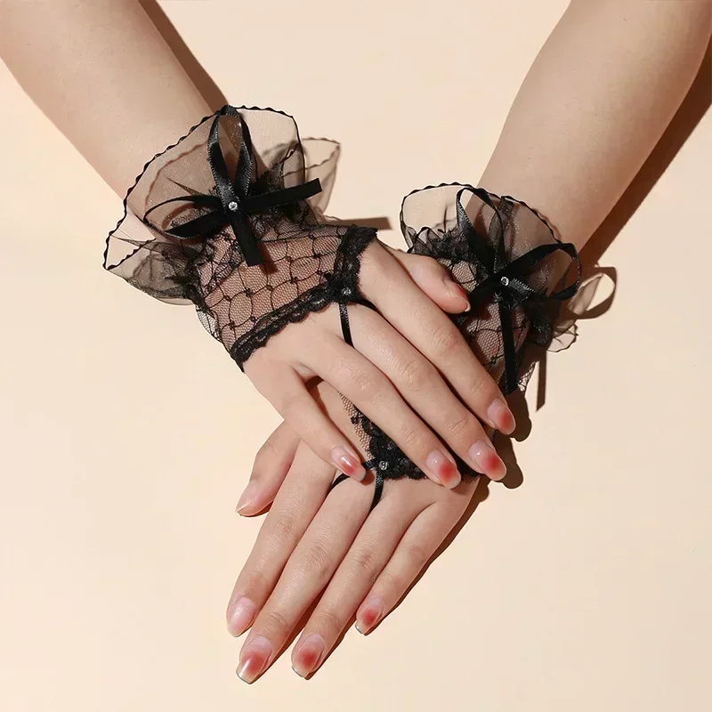 Lace Short Gloves for Women Bridal Wedding Lolita Style Mesh Hand Sleeves with Handmade Ribbon Bow And Hook Finger Glued