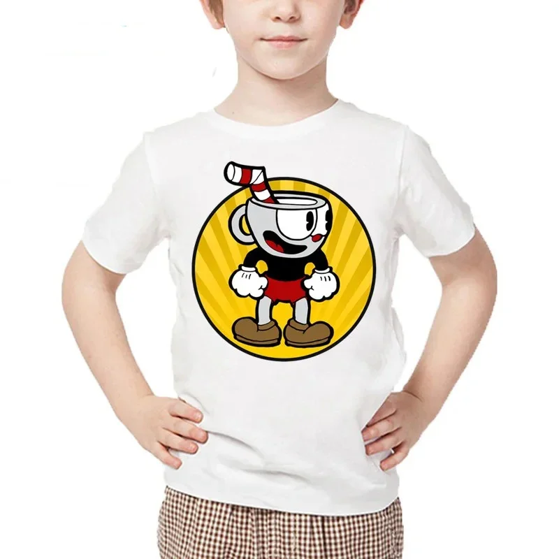 Kids Cartoon Cuphead Print T shirt Children Dabbing Cuphead Design Summer Tops Boys and Girls Casual White T-shirt