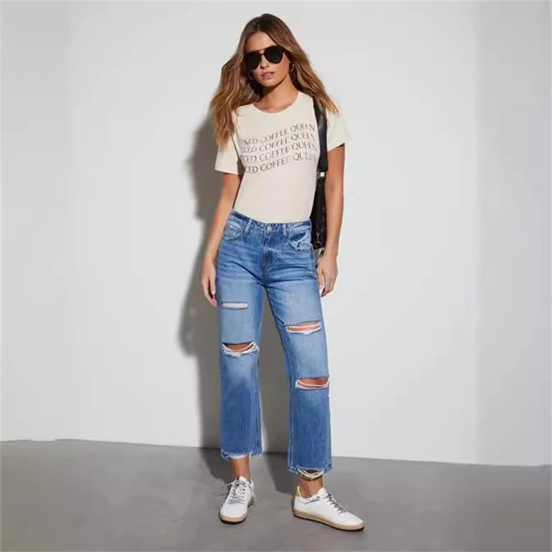 

Summer High Waist Cotton Straight Leg Cropped Jeans Women Stretchy Mid Rise Ankle Length Casual Trousers 2024 Fashion Plus Size