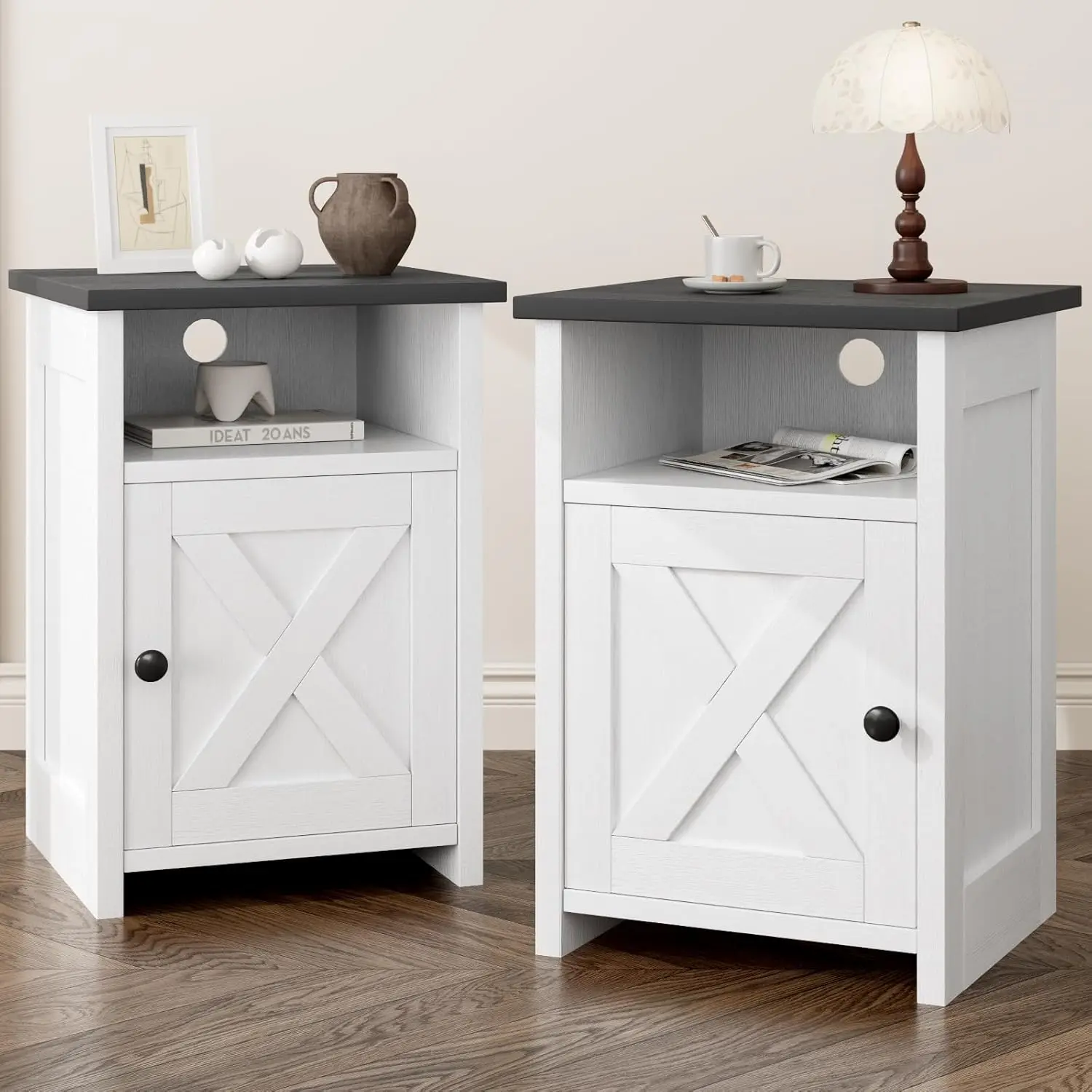 

Набор из 2-х прикроватных тумбочек в деревенском стиле, белого цвета, с отсеками для хранения в стиле амбарных дверей, для спальни, гостиной, офиса