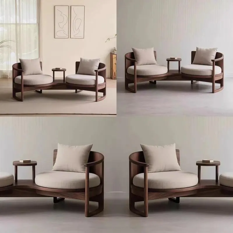 New Solid Wood Double Sofa Chair for Living Room Bedroom Apartment Home Use Black Walnut