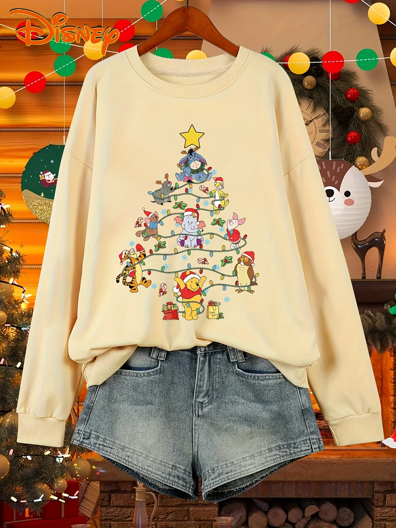 เสื้อสเวตเตอร์ผู้หญิงลายดิสนีย์วินนี่เดอะพูห์สำหรับคริสต์มาส แฟชั่นทรงโอเวอร์ไซส์ คอกลม ใส่ได้ทั้งชายและหญิง เหมาะสำหรับฤดูใบไม้ร่วงและฤดูหนาว ผ้าฟลีซ สวมใส่สบาย