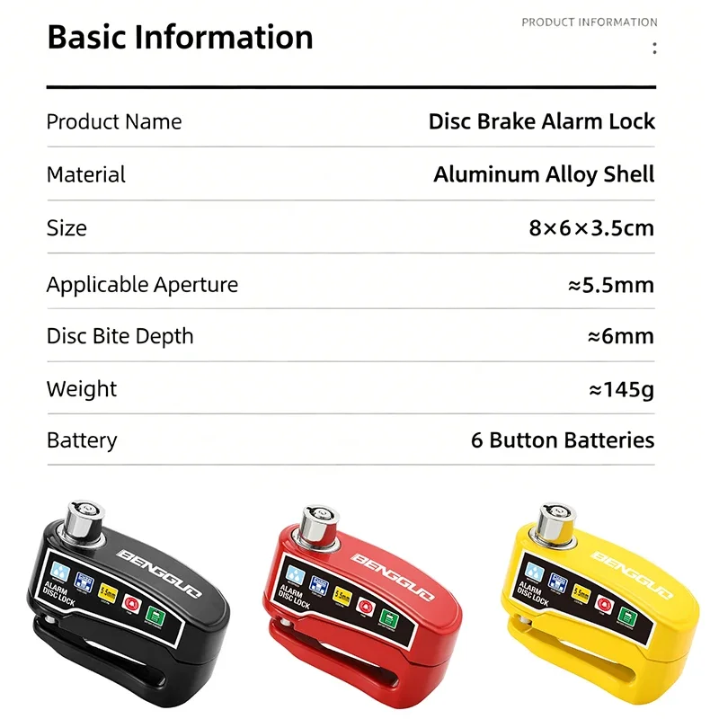 Motorcycle Disc Brake Lock with 110dB Alarm, Waterproof Aluminum Alloy
