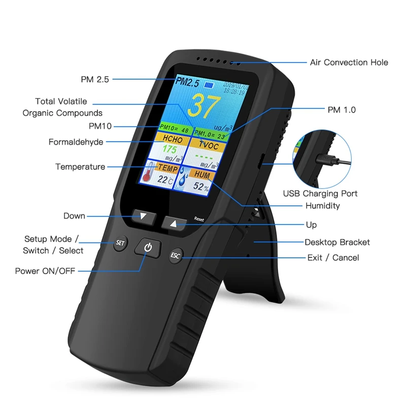 Imagem -06 - Monitor de Qualidade do ar Indoor Outdoor Pm2.5 Pm1.0 Pm10 Hcho Detector Tester Temperatura e Sensor de Umidade em