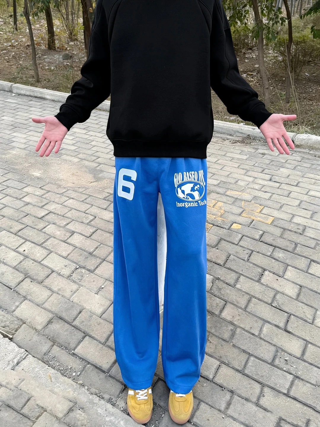 

Blue Embroidered Casual Sweatpants Men's Spring American Heavy Du Drapey Knife Cleanfit Loose Fit Straight Leg Pants