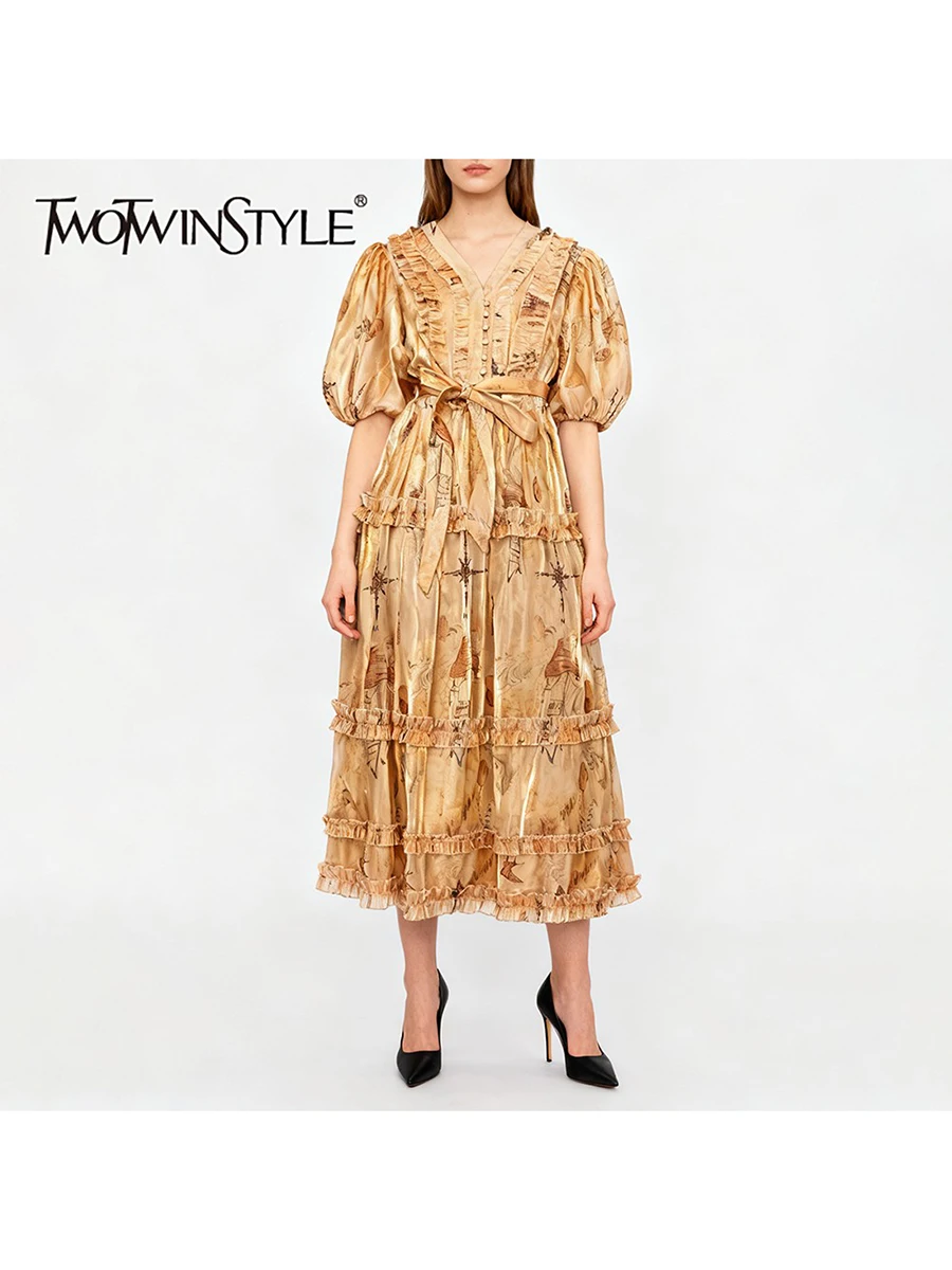 TWOTWINSTYLE Printing Spliced Fungus Folds Vintage Dresses for Women V Neck Half Sleeves High Waist Velvet Long Dress Female New