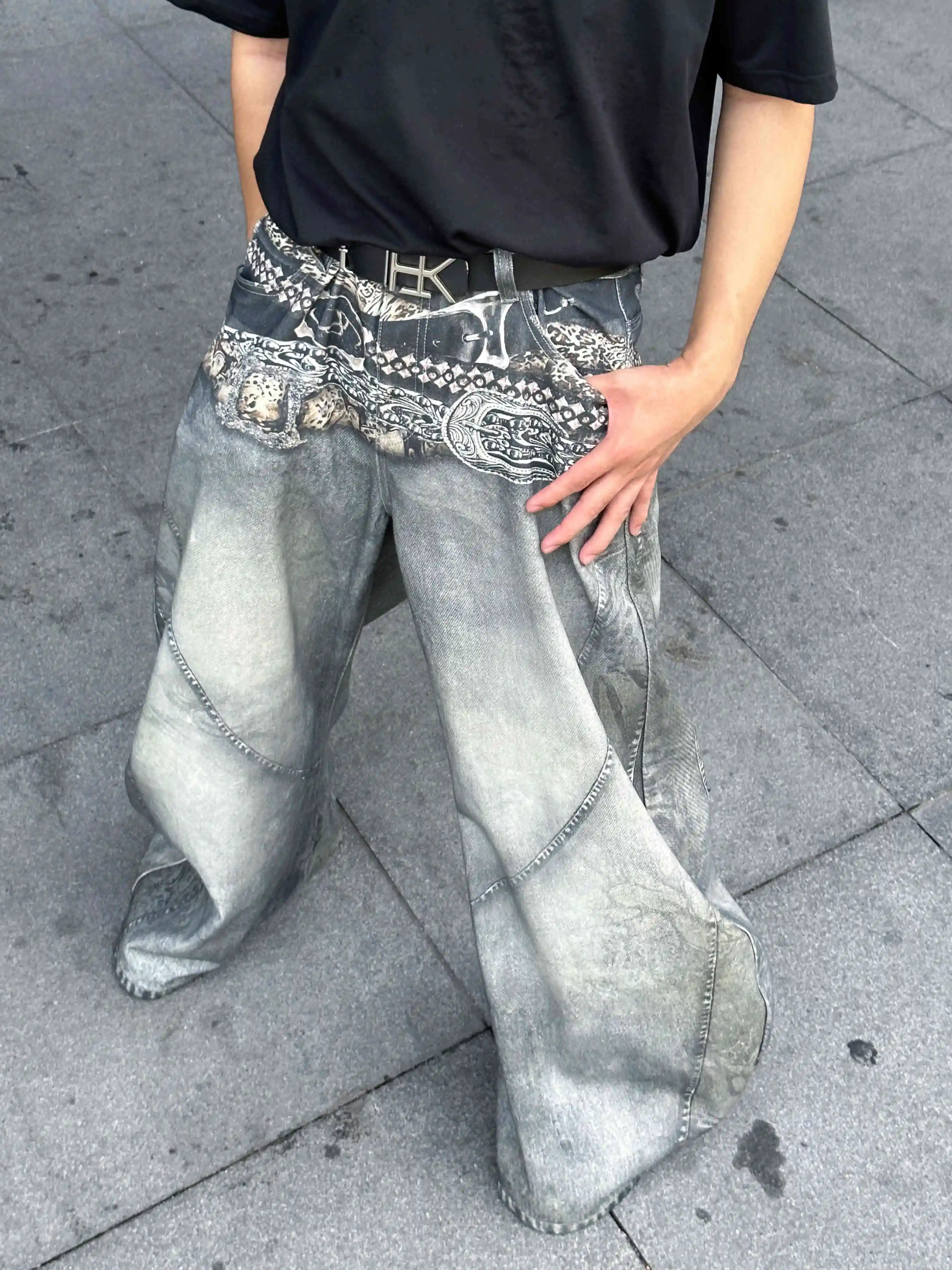 Jean imprimé taille haute rétro américain pour femmes, Hip Hop décontracté Baggy Y2K, pantalon en Denim à jambes larges, Streetwear Grunge, automne 2025