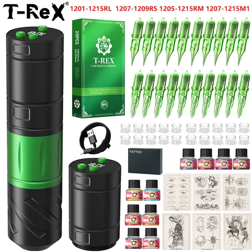 Kit de tatuaje t-rex, máquina de tatuaje rotativa, máquina de tatuaje inalámbrica, pluma, pantalla Digital LED, Kit de tatuaje con potencia de tatuaje de carrera de 3,5mm
