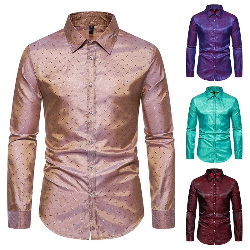 

2024 New Men's Fashion Shirt Long Sleeve Casual Glossy Shirt Vintage Disco Party Prom Shirt Camisa