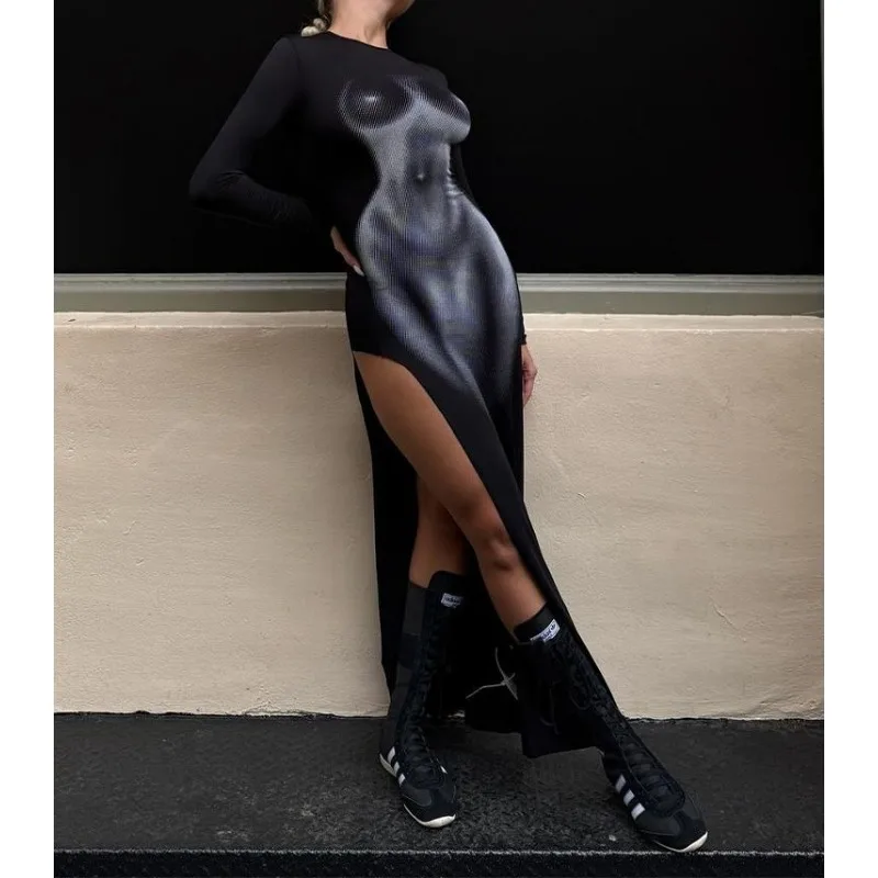 

Personalized Spice Girl 3D Effect Crew Neck Long Sleeve Waist Wrap Hips Skinny High Split Dress