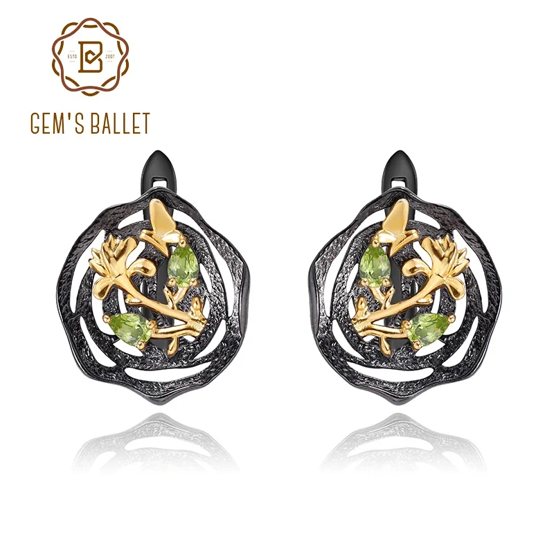 GEM'S BALLET Natural Peridot woman’s statement earrings 18k gold 925 silver two tone handmade butterfly flower lotus Earrings