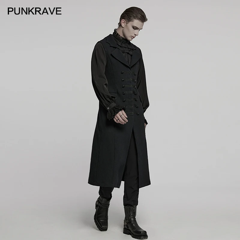 PUNK RAVE Men's Dark Night Vampire Three-dimensional Cotton Linen Vest Creative Bat Collar Gentleman's Long Waistcoat Men Jacket