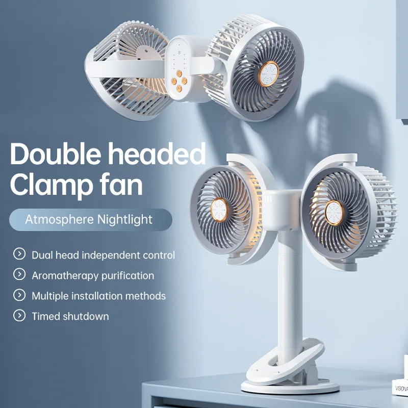 Ventilatore a doppia testa a 4 livelli indipendenti Ventilatore con clip a vento grande Illuminazione Ventilatore elettrico Ventilatori USB circolanti temporizzati verticali da tavolo