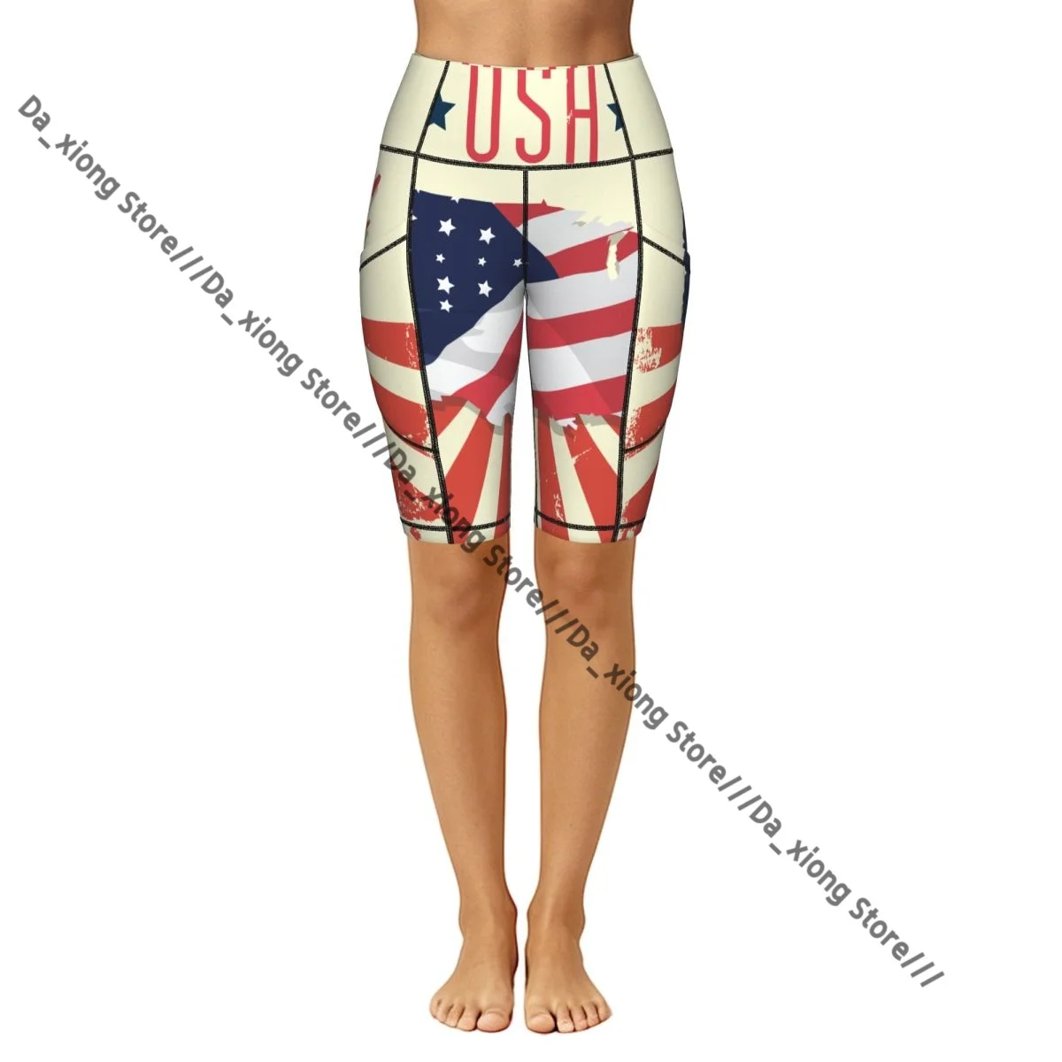Ladies Yoga Shorts USA Map With Flag Breathable Gym Running Workout Pants