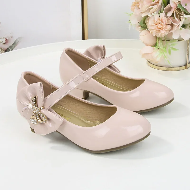 Girl Pu Leather Shoes Fashion Classic Bow Children Party Performance Dance Shoes Kids Princess High Heels New Girls Dress Shoe