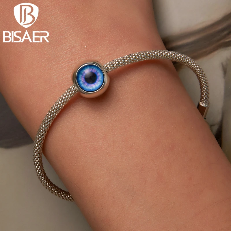 BISAER 925 Sterling Silver Bizarre Eye Charm Hand of Fatima Pendant  Pattern Blue Zircon Bead Fit Diy Bracelet Necklace Jewelry image 3