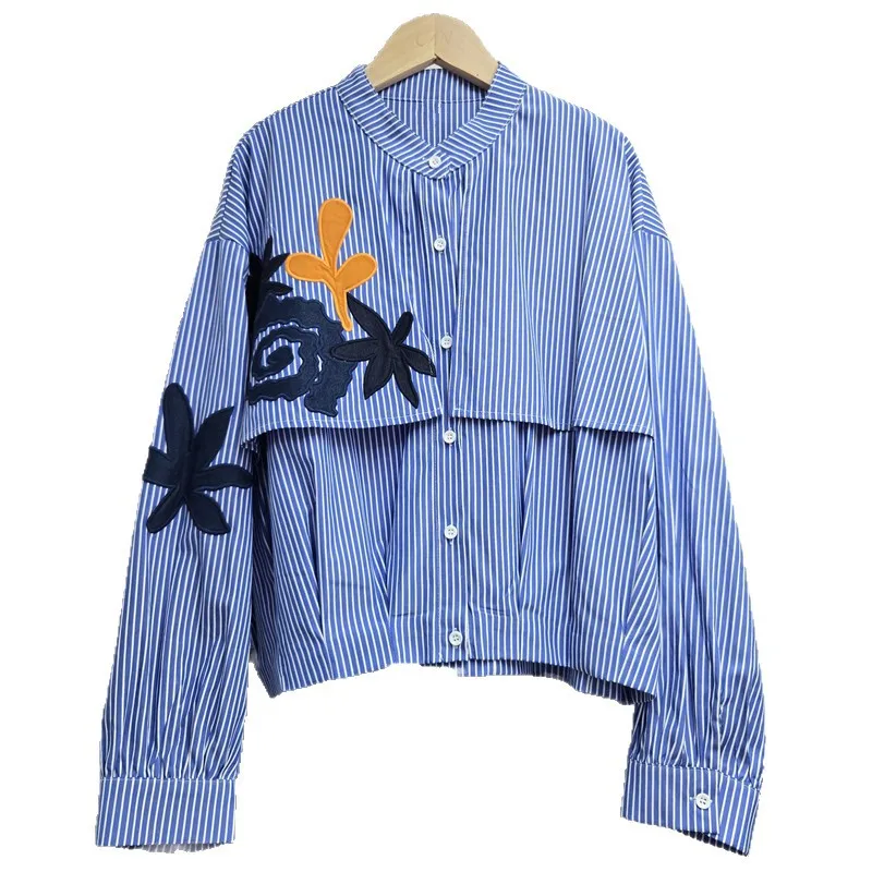 

Women Loose Striped Long Sleeve Shirts Korean Vintage Hong Kong Wind Coconut Tree Embroidery Design Versatile Casual Blouse Tops