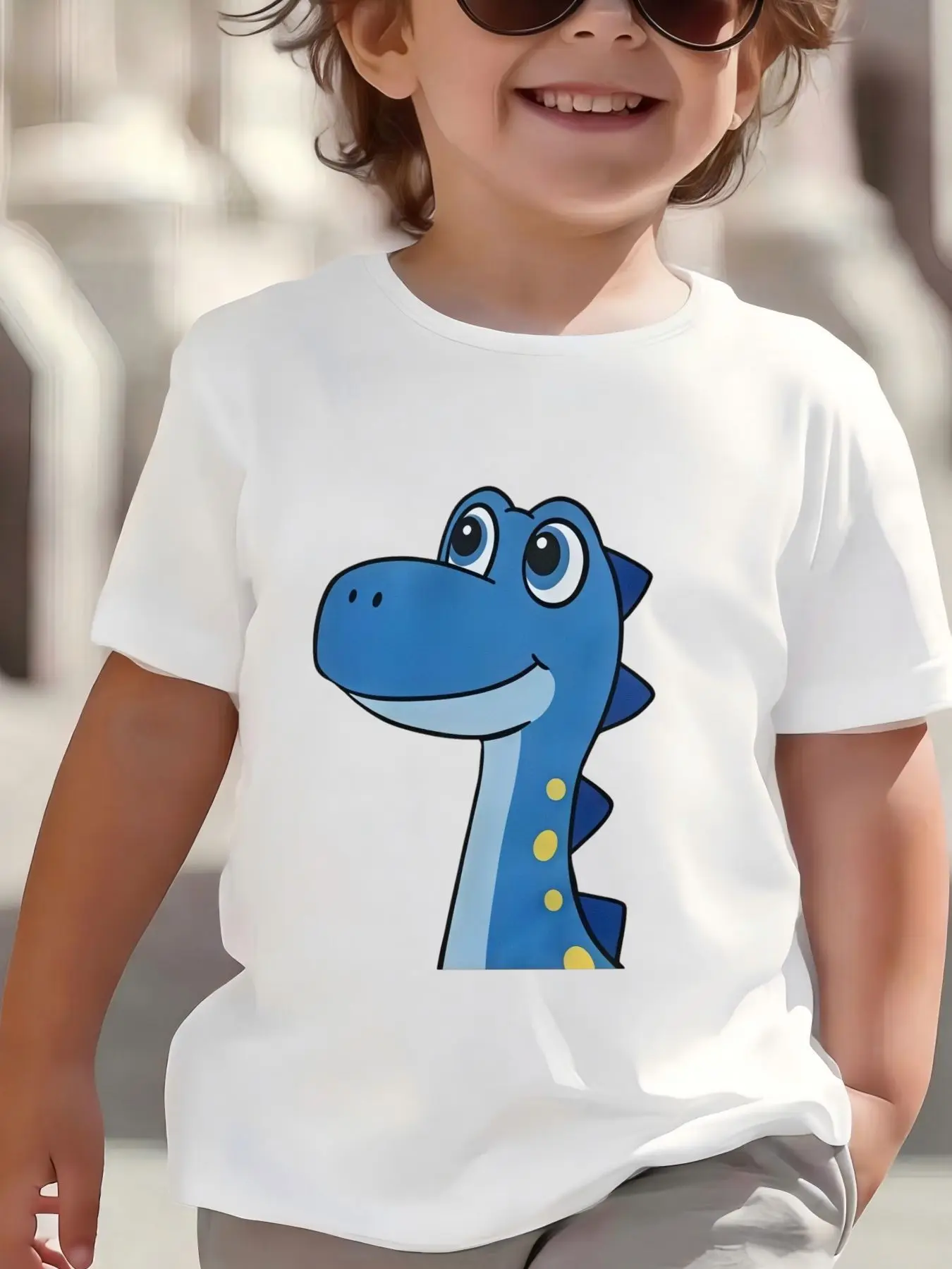 Kids Boys Girls Parent Child Matching Tee Cute Blue Dinosaur Head Graphic Print Short Sleeve Crew Neck Soft Daily Wear Tee