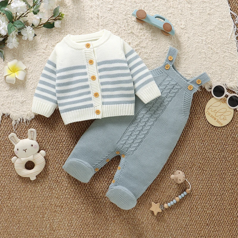 

Новые комплекты одежды для новорожденных: вязаный свитер для мальчиков и девочек, полосатый комбинезон, однотонный модный кардиган, комбинезон-слинг, 2 предмета, 0-18 месяцев, осень