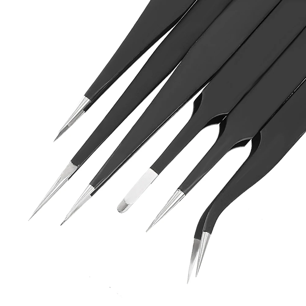 6Pcs Antistatic Stainless Steel Tweezers Precision Repair Curved Hand Tools