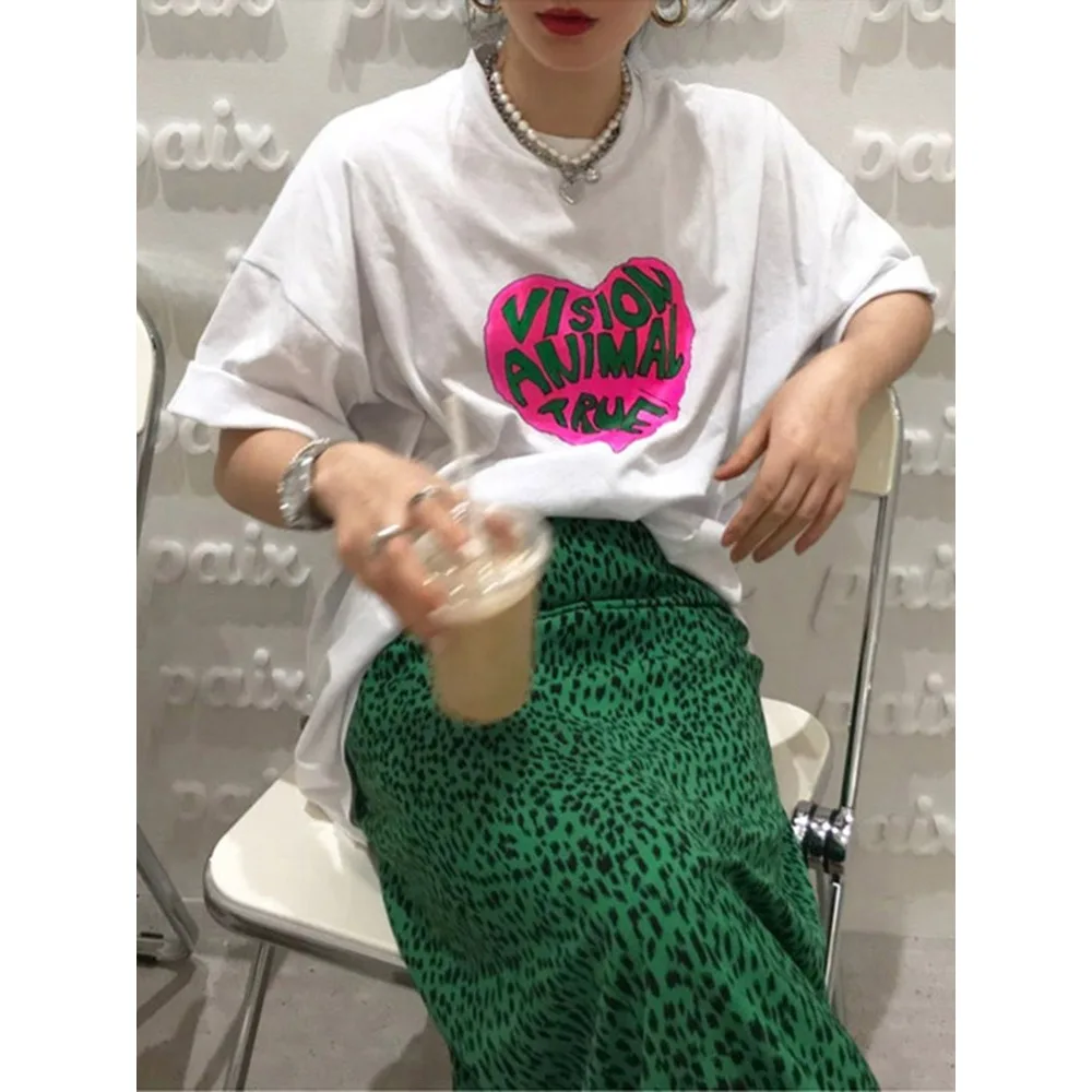 Sweet Heart Letter Print Ort Sve T-Shirt Plus Size Trendy Top Korean Sle Cotton Blend Comfortable Summer Faion