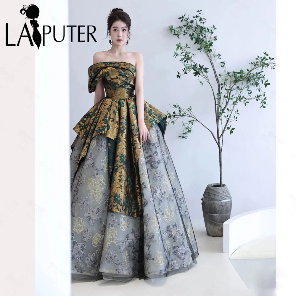 

Green Leaf Lace Puffy Prom Dresses Off Shoulder A line Evening Dress Box Pleat Flower Elegant Woman Celebrity Gown 2024