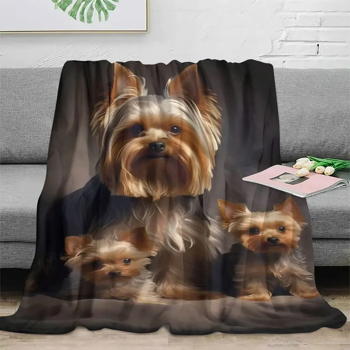 Adorable Three Yorkshire Terrier Dogs Dark Background Pattern Flannel Blanket Cozy Plush Bedspread Portable Travel Blanket