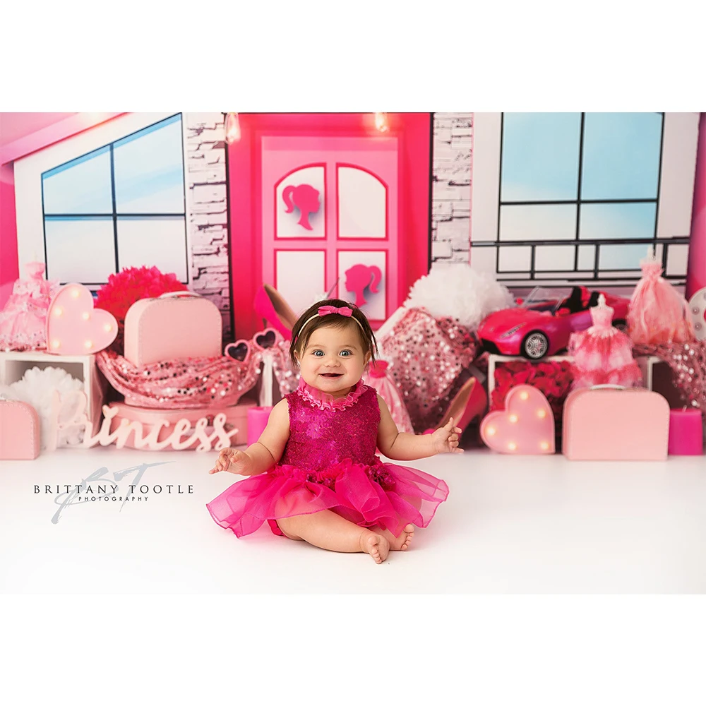 Pink Doll Dreamhouse Photo Background for Girl Birthday Cake Smash Photography Backdrop High Heel Dress Photo Studio Props