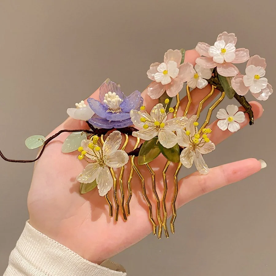 Floral Hair Comb Chinese Hanfu Hair Accessories For Women Green Flower Alloy Hairpin Hair Clips Vintage Girls Headwear Jewelry