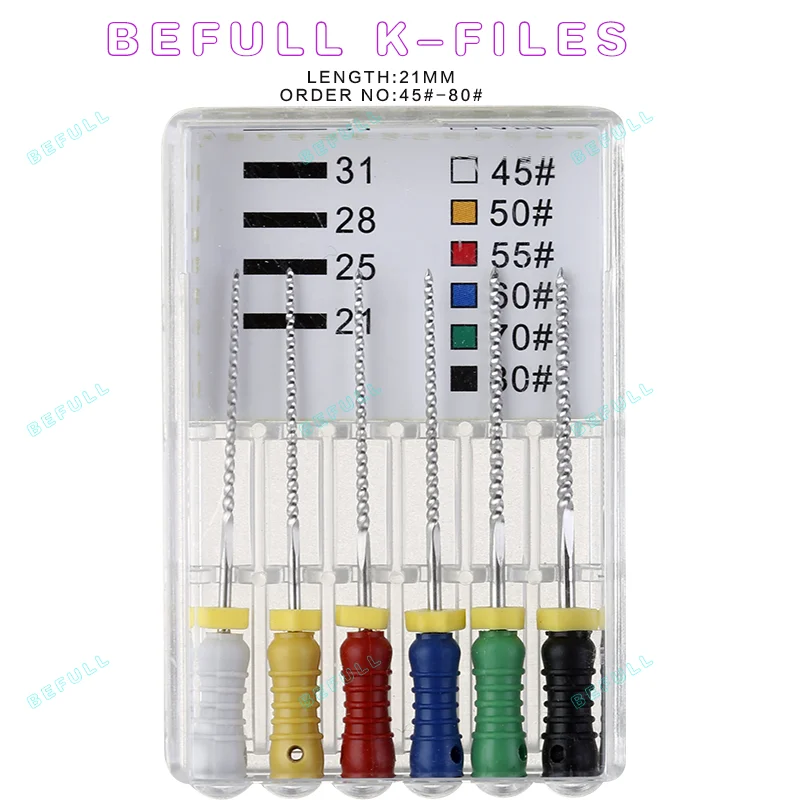 K-FILES dentales (uso manual), herramientas de dentista, Canal radicular endodóntico, archivos de tratamiento de archivo de HEDSTROEM, 21/25/31mm, 6 unids/lote por paquete