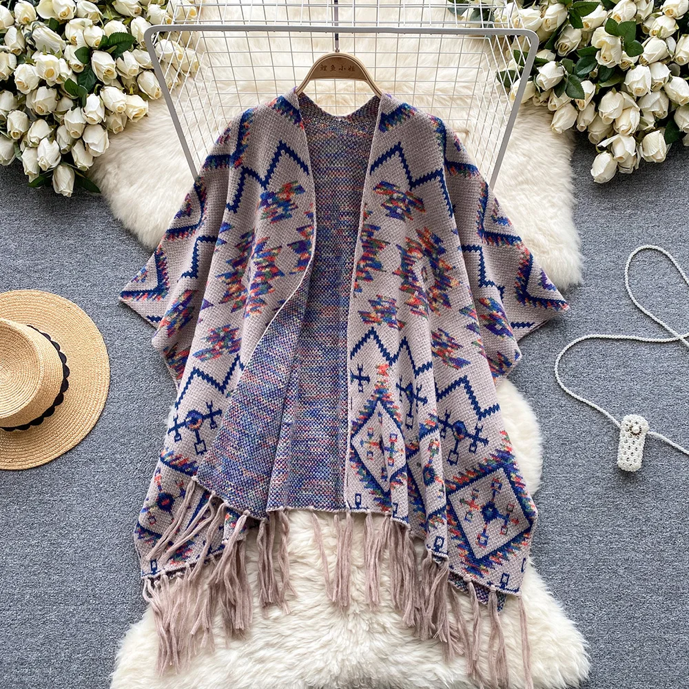 Croysier Shawl Cardigans For Women 2023 Bohemian Ethnic Vintage Jacquard Knit Cardigan Fringed Hem Loose Long Cape Sweater Coat