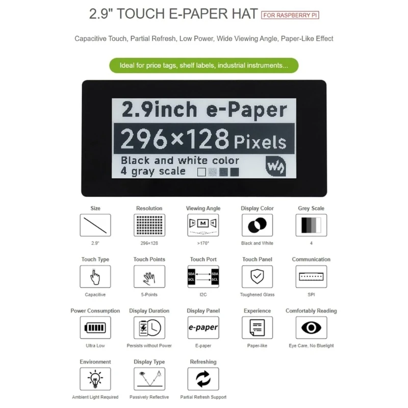 2.9'' Touch e-Paper Display Screen Hat for RPi 4B/3B+/3B/2B/ZeroW 296×128pixel