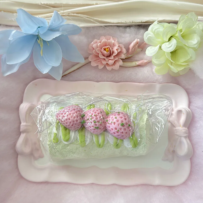 Food Grade Matcha Strawberry Cake Roll Squishy Toy With Three Pink Strawberry Decorations Cream Detail Slow Rebound Soft Squeeze