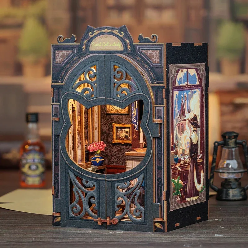 DIY Book Nook Miniature Wooden Dollhouse with Lights Bookshelf Insert 3D Puzzle Decor Model for Gifts Count Cat's Study